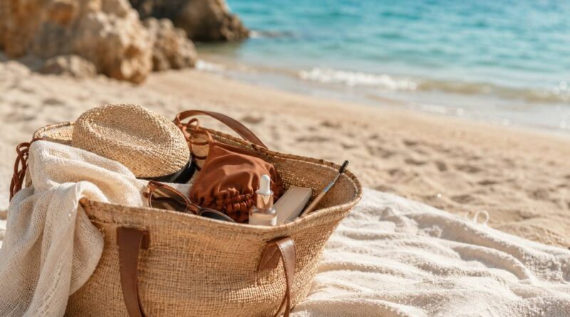 Beauty kofer za putovanje sa proizvodima za negu trepavica i obrva na plaži